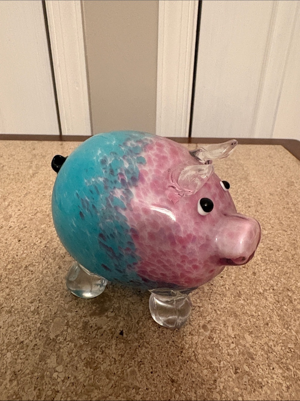Handblown Glass Pig Figurine - Pink & Blue